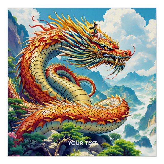 Póster Fantasy Cute Orange Dragon Mountains (Frente)