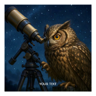 Póster Fantasy Cute Owl Telescope Night