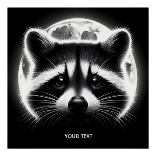 Póster Fantasy Cute Racoon Face Moon