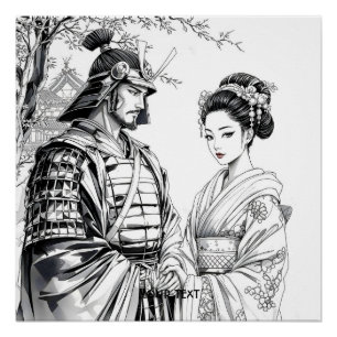 Póster Fantasy Cute Samurai Geisha Pencil