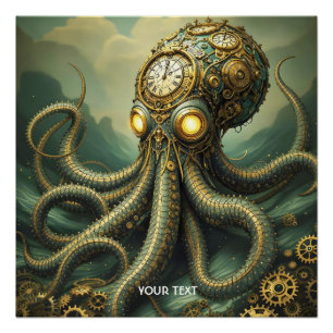Póster Fantasy Cute Steampunk Clock Kraken