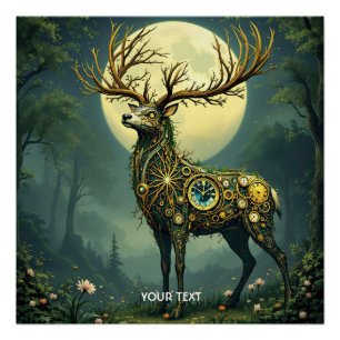 Póster Fantasy Cute Steampunk Deer Forest
