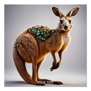 Póster Fantasy Cute Vivid Kangaroo Portrait Flowers