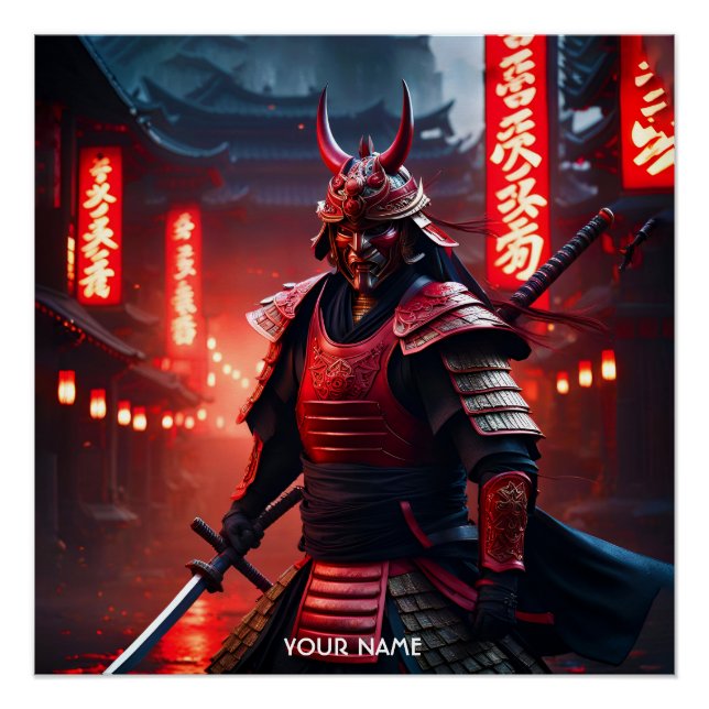 Póster Fantasy Cute Vivid Samurai Em Vermelho (Frente)