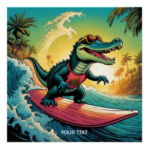 Póster Fantasy Cute Vivid Surfing Crocodilo Wave