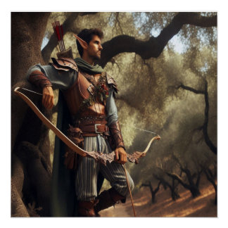 Póster Fantasy Elf Archer Descansa na Floresta de Carvalh