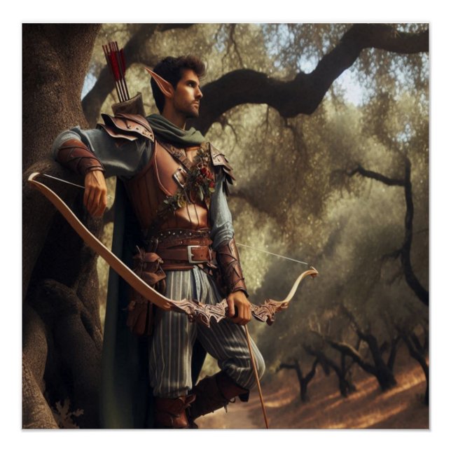 Póster Fantasy Elf Archer Descansa na Floresta de Carvalh (Frente)