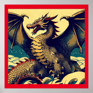 Poster Fantasy European Dragon - Woodcut 1