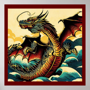 Poster Fantasy European Dragon - Woodcut 2