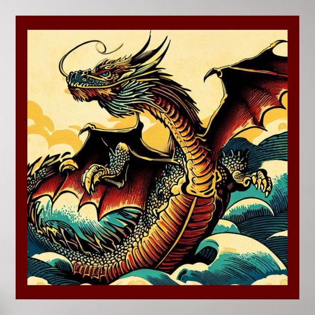 Poster Fantasy European Dragon - Woodcut 2 (Frente)