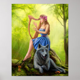 Poster Fantasy, fada de menina e lobo amigo.