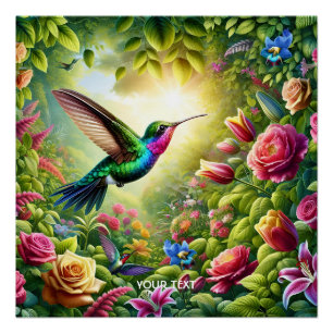 Póster Fantasy Flowers Cute Rainbow Hummingbird