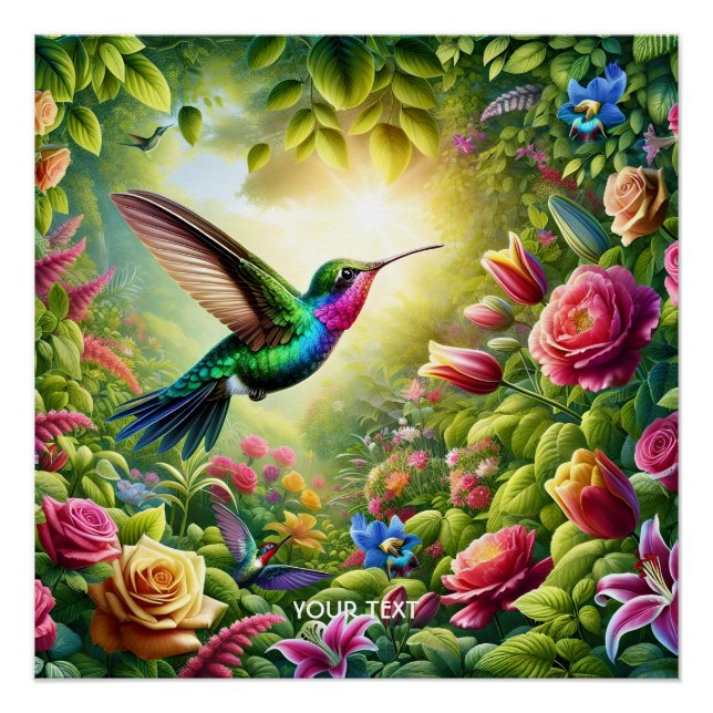 Póster Fantasy Flowers Cute Rainbow Hummingbird (Frente)