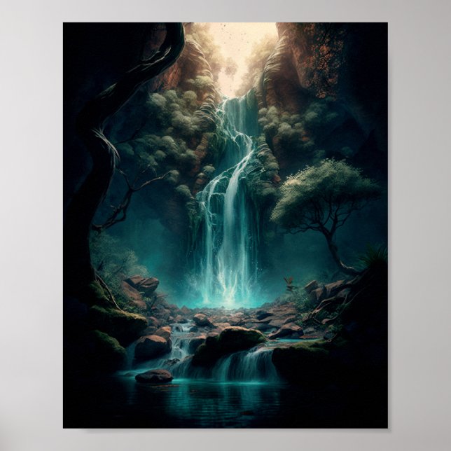 Poster Fantasy Forest Art, Mystical Waterfall, Magical (Frente)