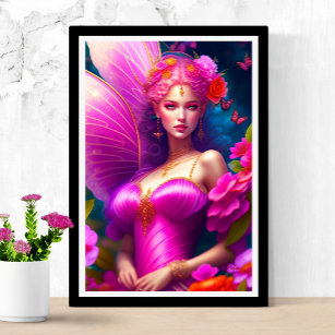 Poster Fantasy Fuchsia Flowers e Borboletas