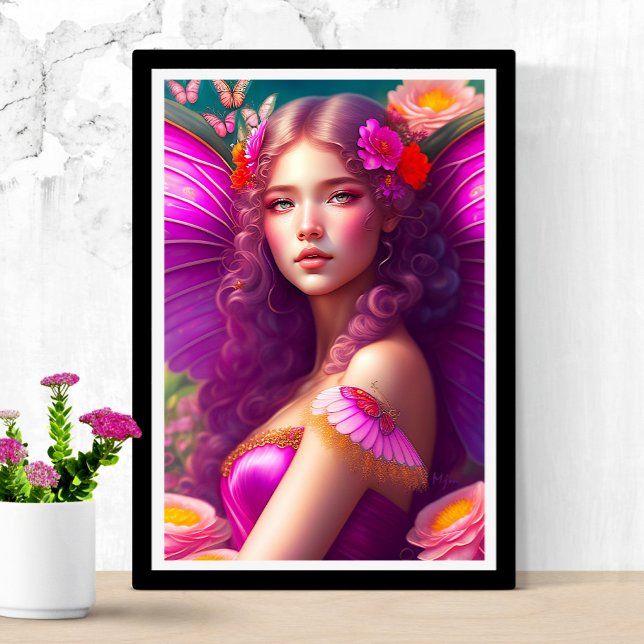 Poster Fantasy Fuchsia Flowers e Borboletas (Criador carregado)
