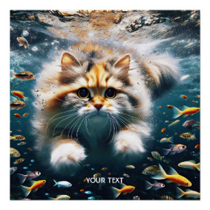 Póster Fantasy Gato Bonito Nadando Submarino