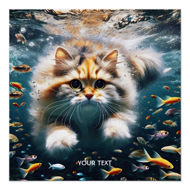 Póster Fantasy Gato Bonito Nadando Submarino (Frente)