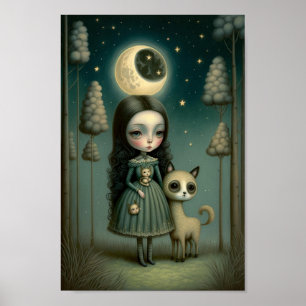 Poster Fantasy Girl in the Woods with the moon