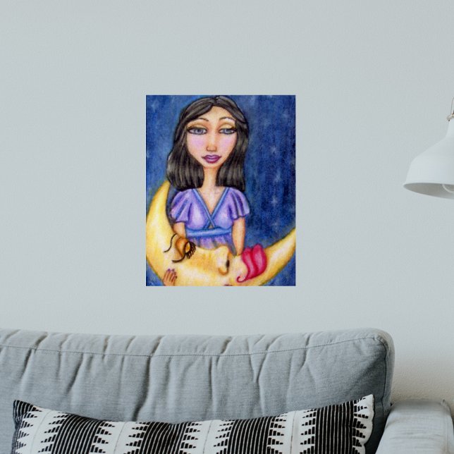 Poster Fantasy Lady Segurando Lua Crescente Dormindo (Fantasy woman purple dress yellow sleeping crescent moon on dark night blue art wall poster.)