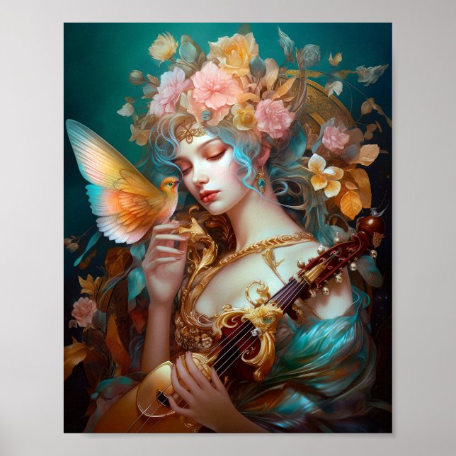 Poster Fantasy Lady With Lute & Butterfly Bird (Frente)