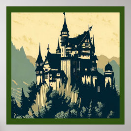 Poster Fantasy Medieval Castle - Woodcut 1