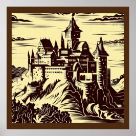 Poster Fantasy Medieval Castle - Woodcut 2