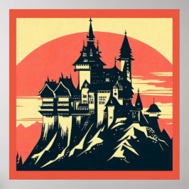 Poster Fantasy Medieval Castle - Woodcut 4