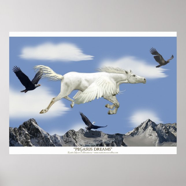 Póster Fantasy Pegasus Flying Horse and Eagle Mountain (Frente)