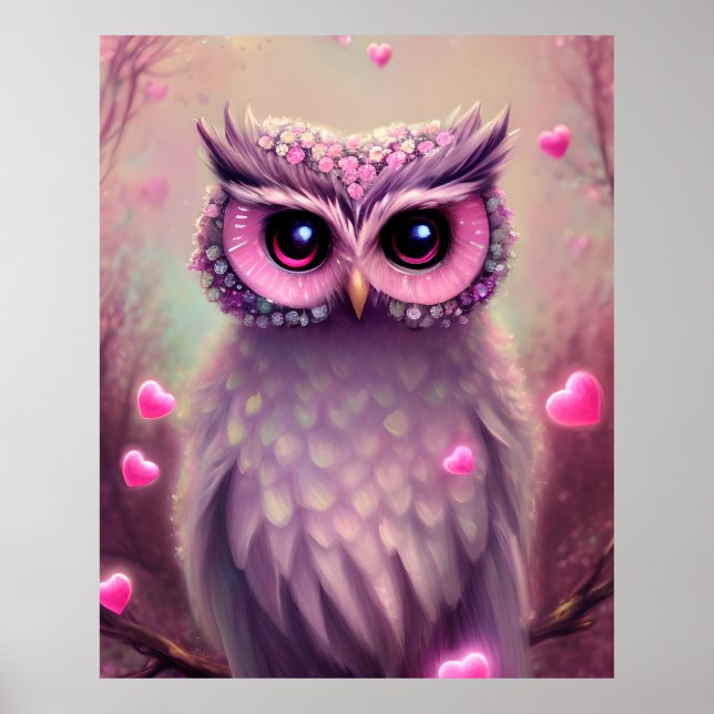 Poster Fantasy Pink Fluffy Kawaii Owl (Frente)