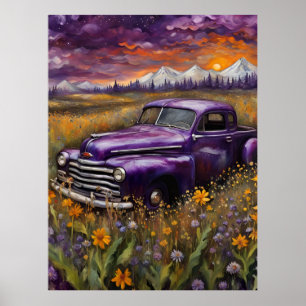 Poster Fantasy Retro Purple Vechicle em Montanha