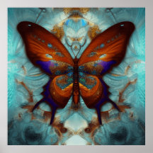 Fantasy Steampunk Orange Butterfly Aqua Watercolor