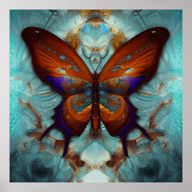 Poster Fantasy Steampunk Orange Butterfly Aqua Watercolor (Frente)