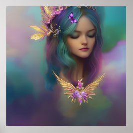 Poster Fantasy Sweet Fairy Girl Púrpura Teal Rosa Asas 3