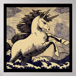 Poster Fantasy Unicorn - Woodcut 1