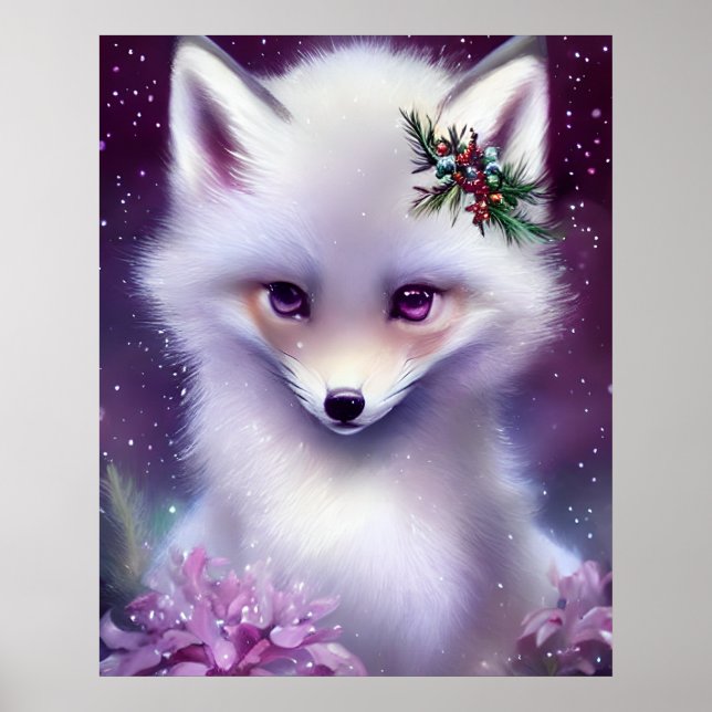 Poster Fantasy White Baby Fox com Olhos Lavandas (Frente)