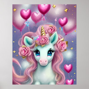 Poster Fantasy White Baby Unicorn com Corações Rosa
