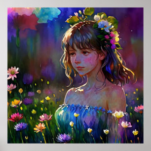 Poster *~ Fantasy Wild Flowers Girl AP56 Watercolor Art