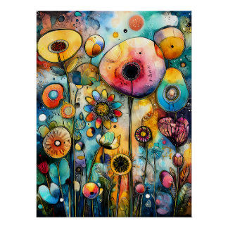 Póster Farbenfrohe Blumenlandschaft mit abstrakten Blüten