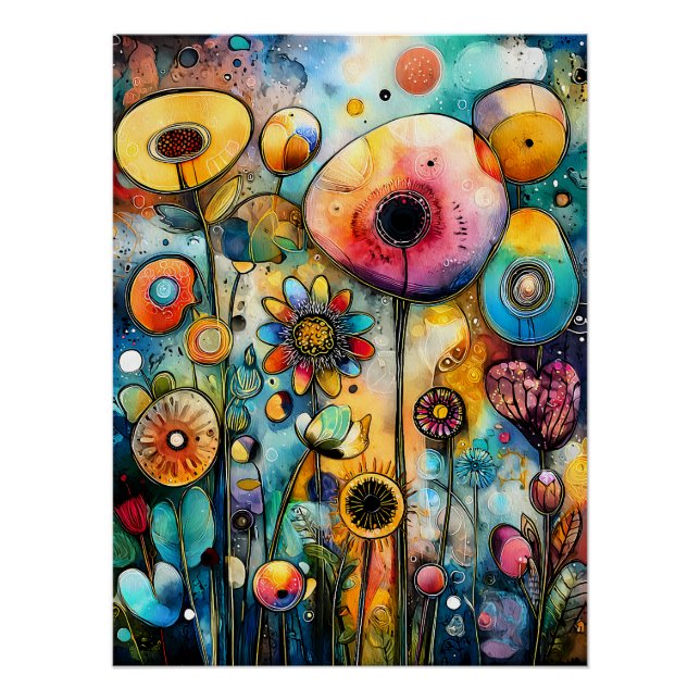 Póster Farbenfrohe Blumenlandschaft mit abstrakten Blüten (Frente)