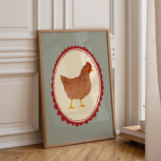 Poster Farmhouse Chicken Rustic Baby Room Print (Boho neutral nursery wall art with cute chicken illustration for baby room)