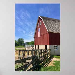 Poster Farms Red Barn With American Flag
