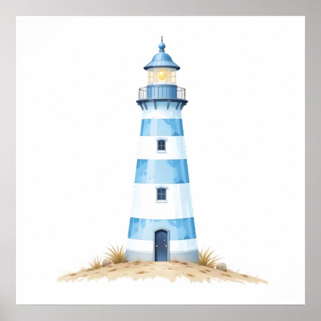Poster Faro em Aquarela Azul e Branco (Frente)