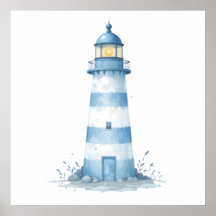 Faro em Aquarela Azul e Branco