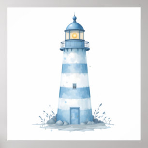 Poster Faro em Aquarela Azul e Branco