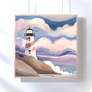 Póster Farol à Beira-Mar   Pintura a Aguarela do Oceano