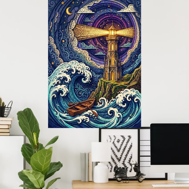Poster farol à noite com ondas (Escritório em casa)