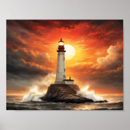 Poster Farol branco num mar tempestuoso no pôr do sol