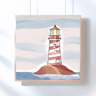 Poster Farol Clássico Aquarela Costeira Oceânica