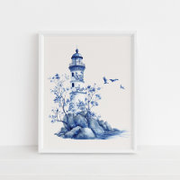 Farol com gaivotas - Azul costeiro em bege